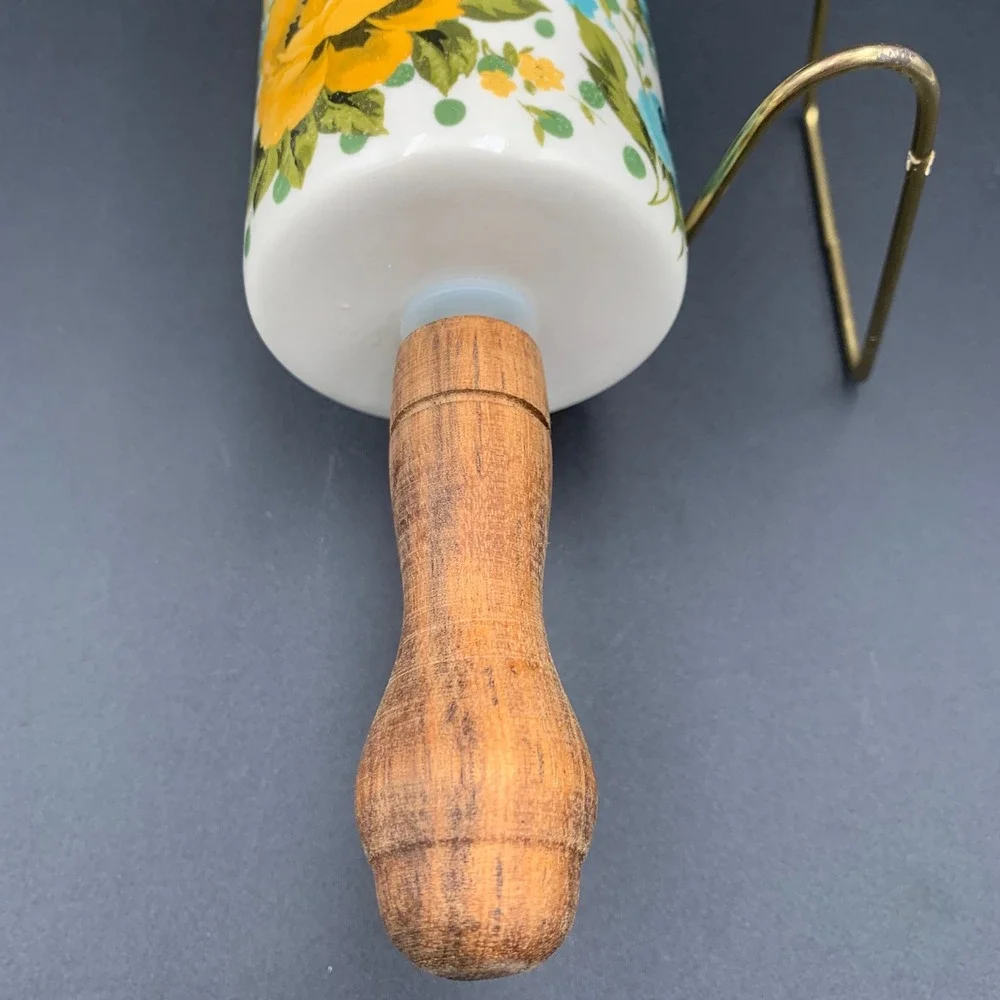 Pioneer Woman Breezy Blossom Ceramic Rolling Pin Wood Handle Floral Dots Retired